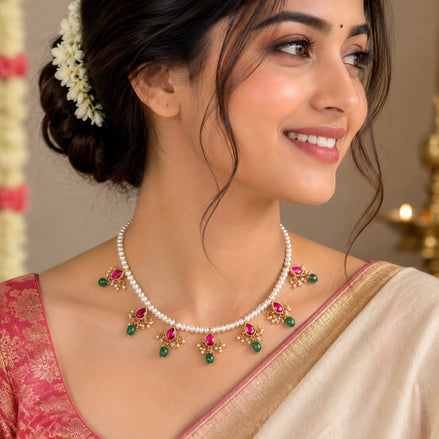Pearl necklace with jadau kemp charms