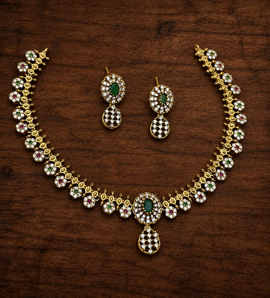 Emerald Floral CZ Necklace Set