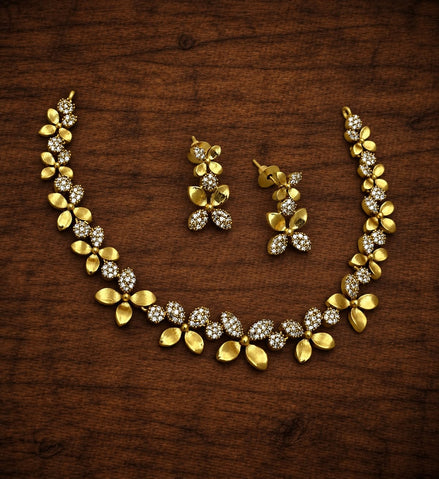Gold Plated Floral Bloom CZ Necklace Set