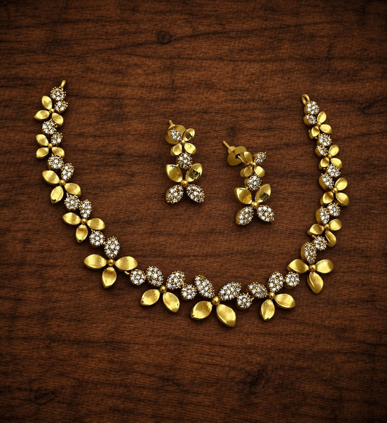 Gold Plated Floral Bloom CZ Necklace Set